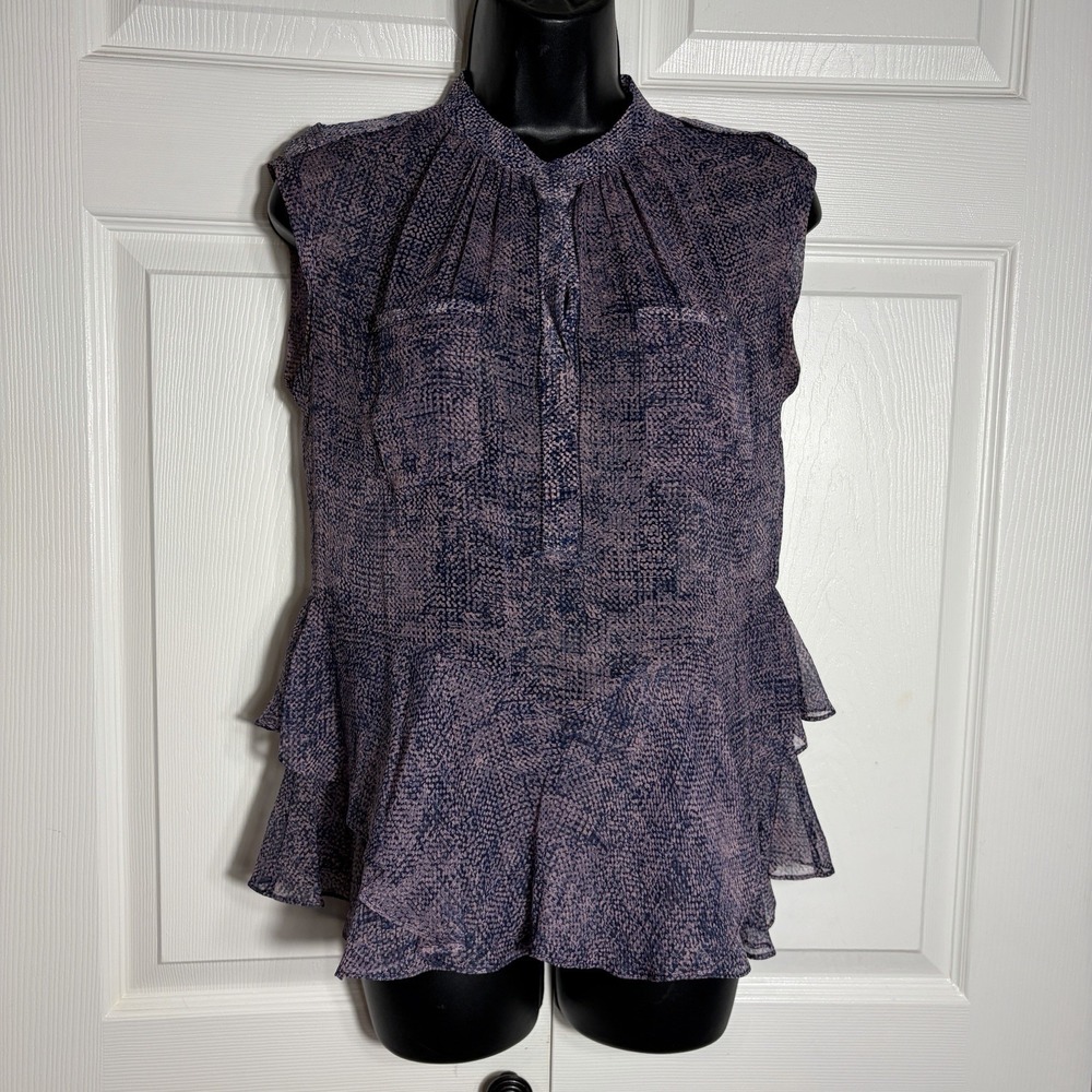 Rebecca Taylor Static Ruffle Hem Shirt Purple Dewberry Sleeveless Sheer Silk Top